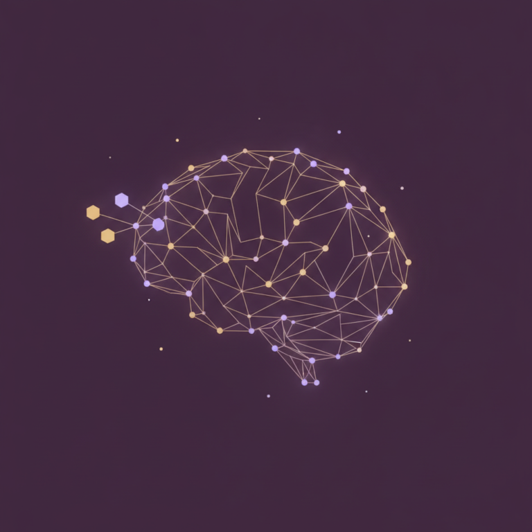 a stylized low-poly wireframe brain silhouette in profile with a delicate interconnected node-and-line network overlayin