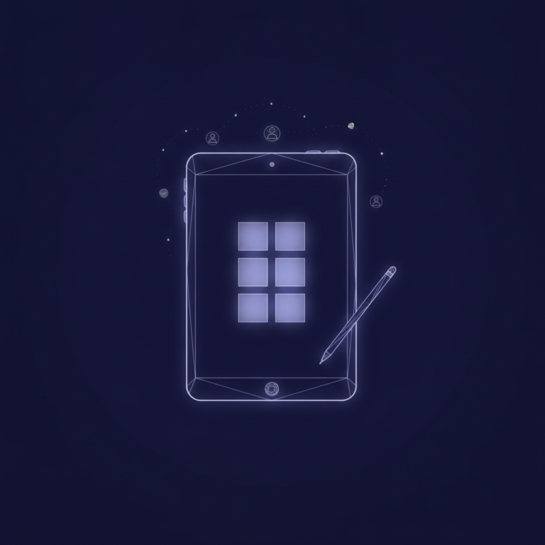 a stylized low-poly wireframe upright tablet-slate silhouette with a four-tile app-grid glowing on its screen and a slen