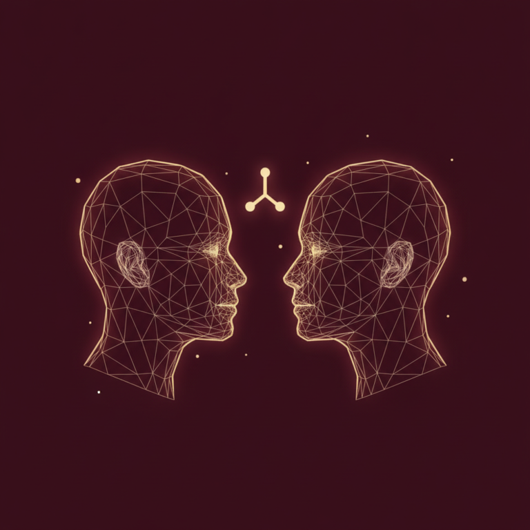 a stylized low-poly wireframe silhouette of two people facing each other with a small branching-path icon between them