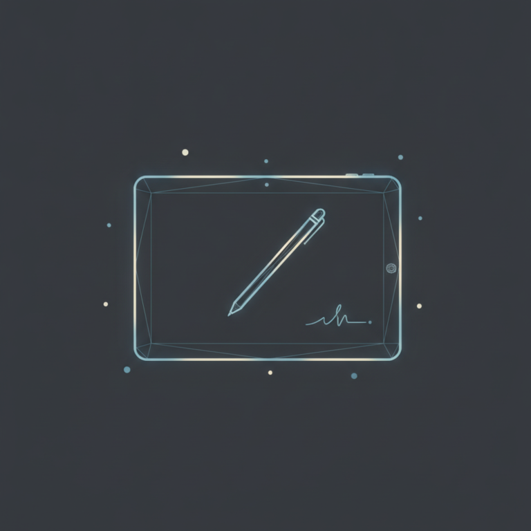 a stylized low-poly wireframe tablet silhouette in profile with a stylus resting diagonally across its surface and a sma
