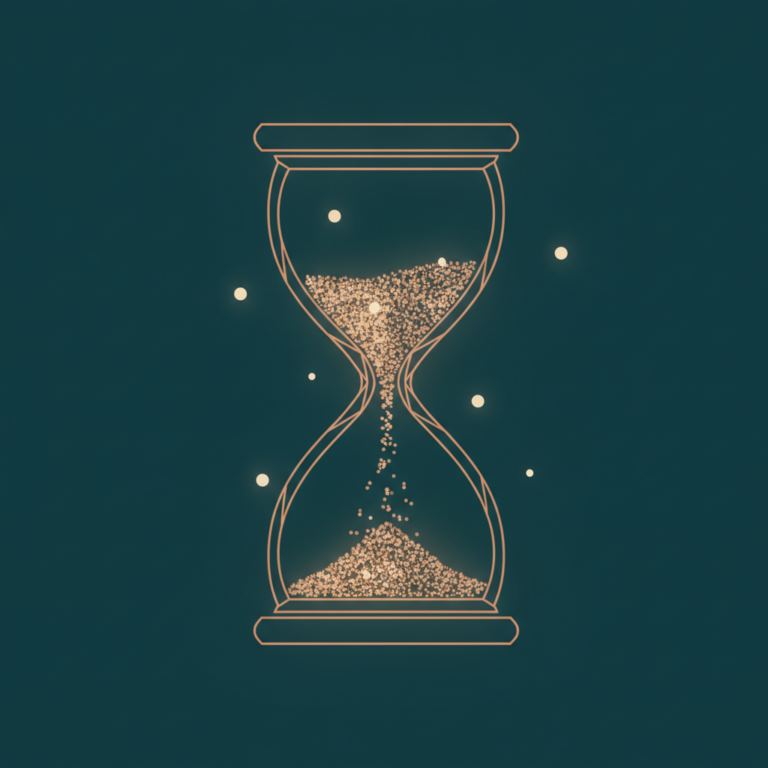 a stylized low-poly wireframe hourglass silhouette, its upper chamber a solid crisp outline, its lower chamber's falling