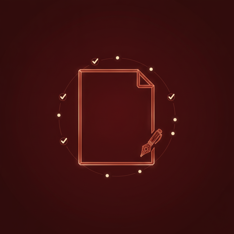 a stylized low-poly wireframe document/page silhouette with a small pen-nib icon resting at its lower-right corner and a